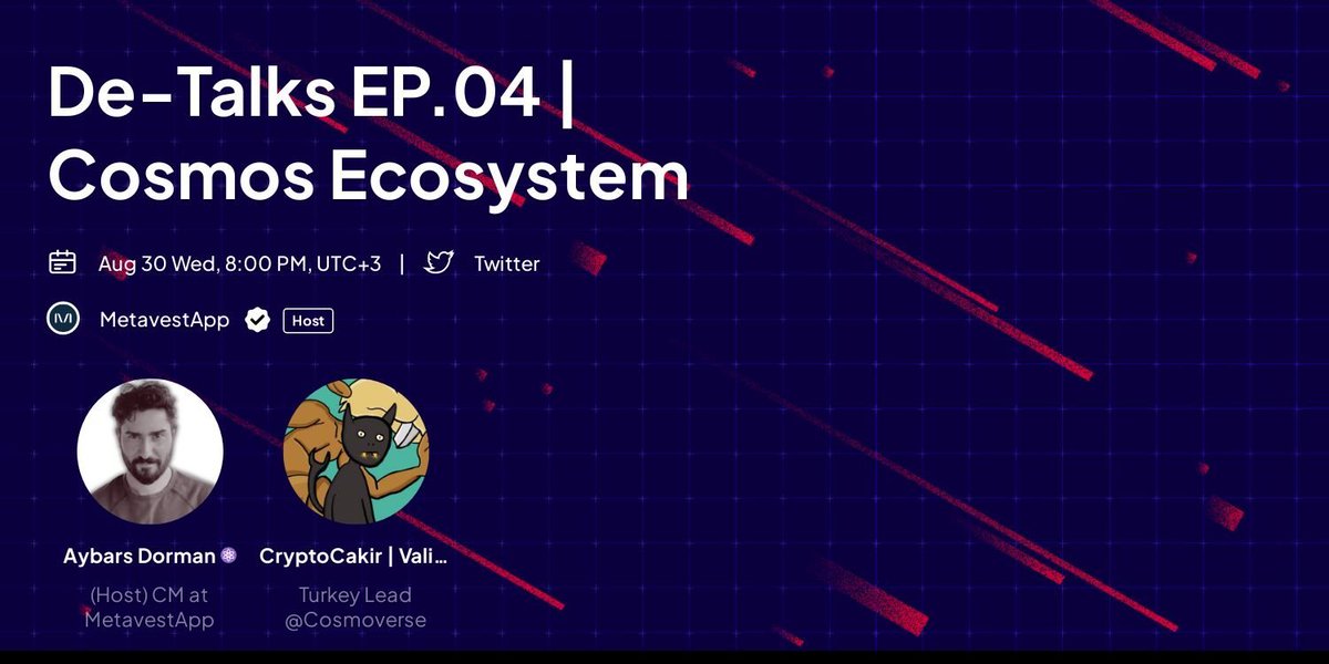 MetavestappTR's tweet photo. 🌌 #DeTalks EP.04 Gelecek Pazartesi başlıyor!
⚛️ Cosmos'un sırlarını açığa çıkarmak, #Cosmos Ekosistemi'nden ve 2023 İstanbul Cosmoverse etkinliğinden içgörüler elde etmeye hazır olun!
🗓️ Çarşamba, 30 Ağustos
⏰ 20:00, UTC +3
🇬🇧 Dil: İngilizce https://t.co/pll6XXylfQ