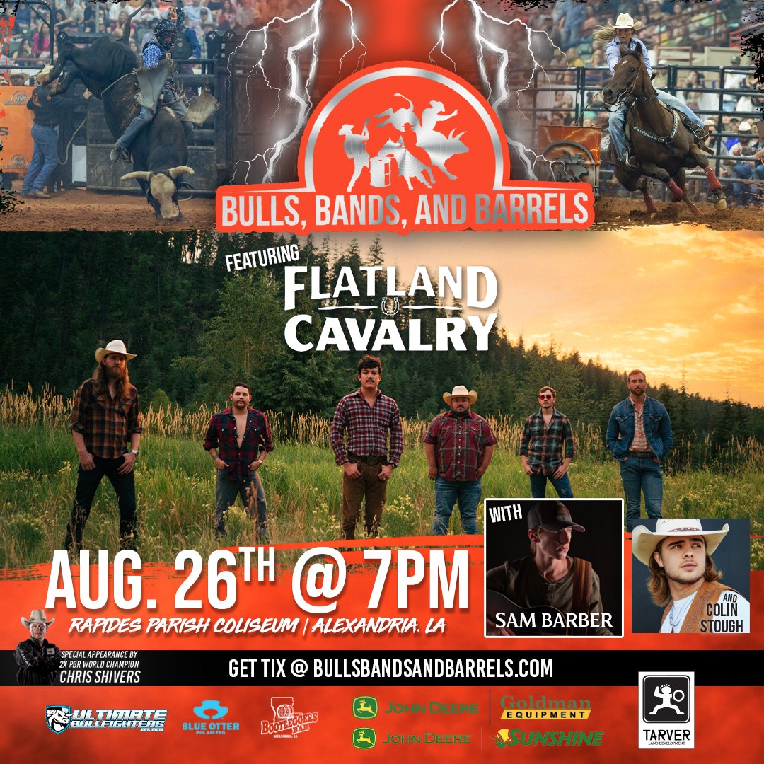 PeachtreeEnt's tweet photo. The Humble Folks of @FlatlandCavalry will be at @BullBandBarrels in #AlexandriaLA TONIGHT! It's the biggest party of the year- don't miss out!🔥🤠  

8/26 w/ Sam Barber &amp; @ColinStough 
🎟 https://t.co/CKgh4pF35C https://t.co/KzLedfUiaV