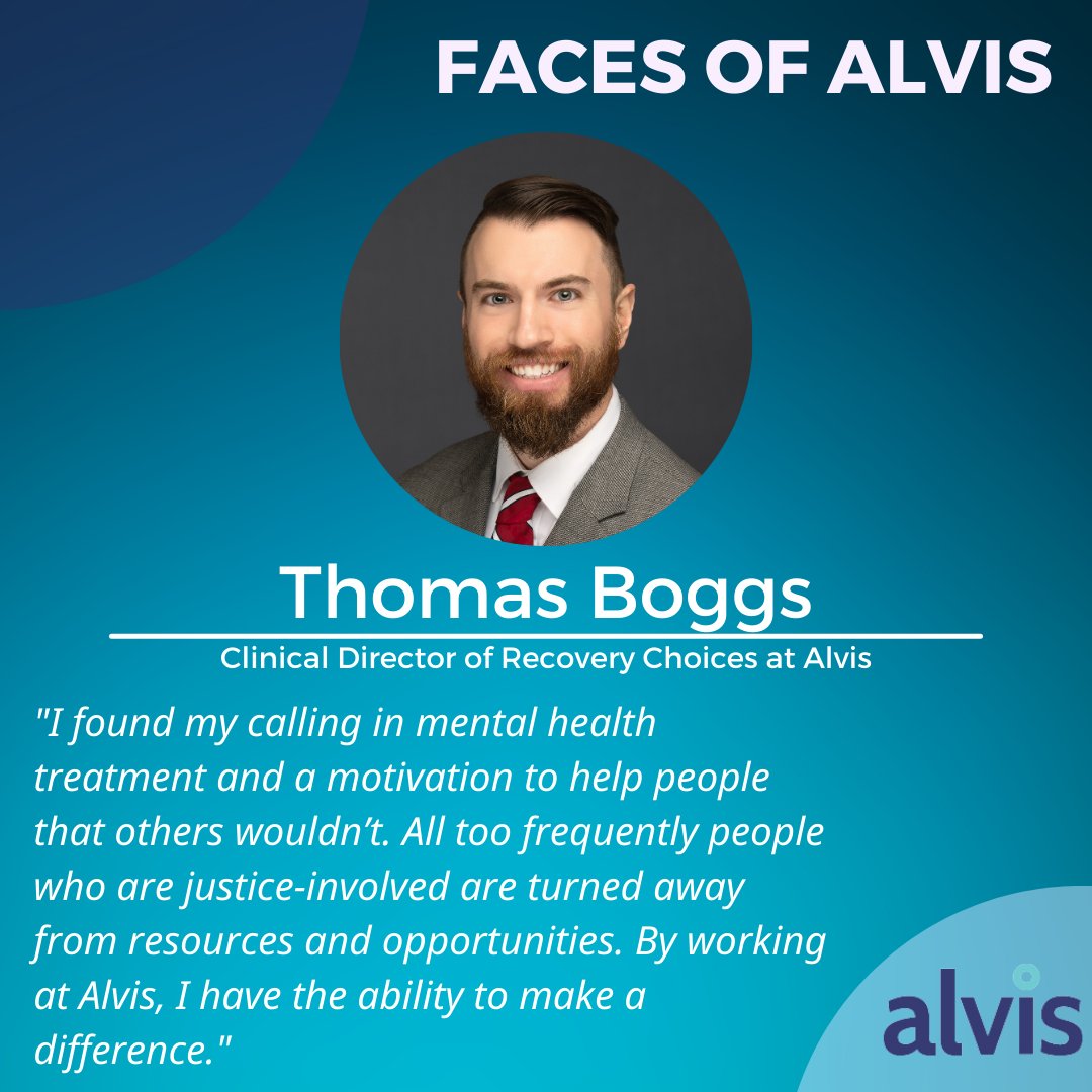 We're highlighting Thomas Boggs, Clinical Director of Recovery Choices (RC) at Alvis. In his role, Thomas oversees the daily operations of RC &amp; works w/ staff to ensure our clients receive the high-quality treatment they deserve by helping them overcome barriers to treatment.