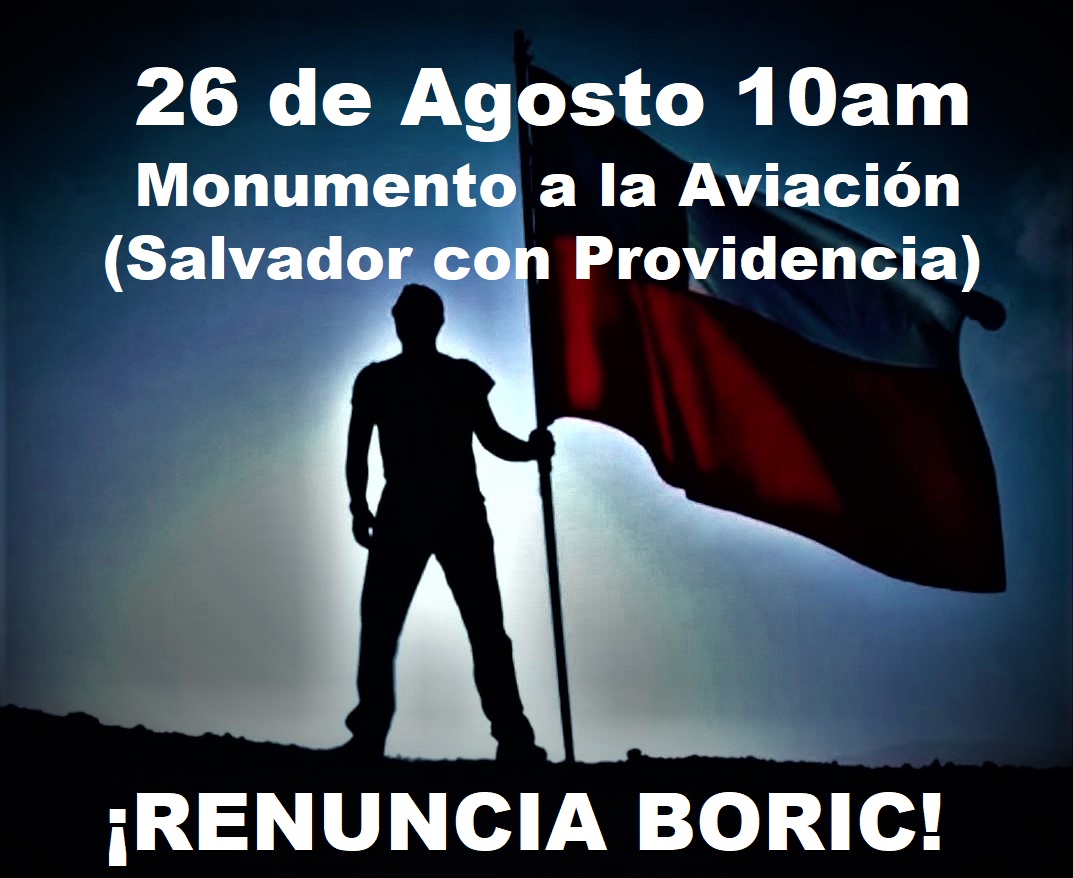 Sábado 26 de Agosto, 10am, Monumento a La Aviación (Metro Salvador). Protesta/marcha a favor de Chile. (Trae tu 🇨🇱. Favor llegar un poco antes) 👍
#RenunciaBoric #ChilePrimero #PoliticosVendidos #ChileSeDefiende #EnContraAtodoEvento #MarchaPorChile #SomosLaMayoria #PorTuFamilia