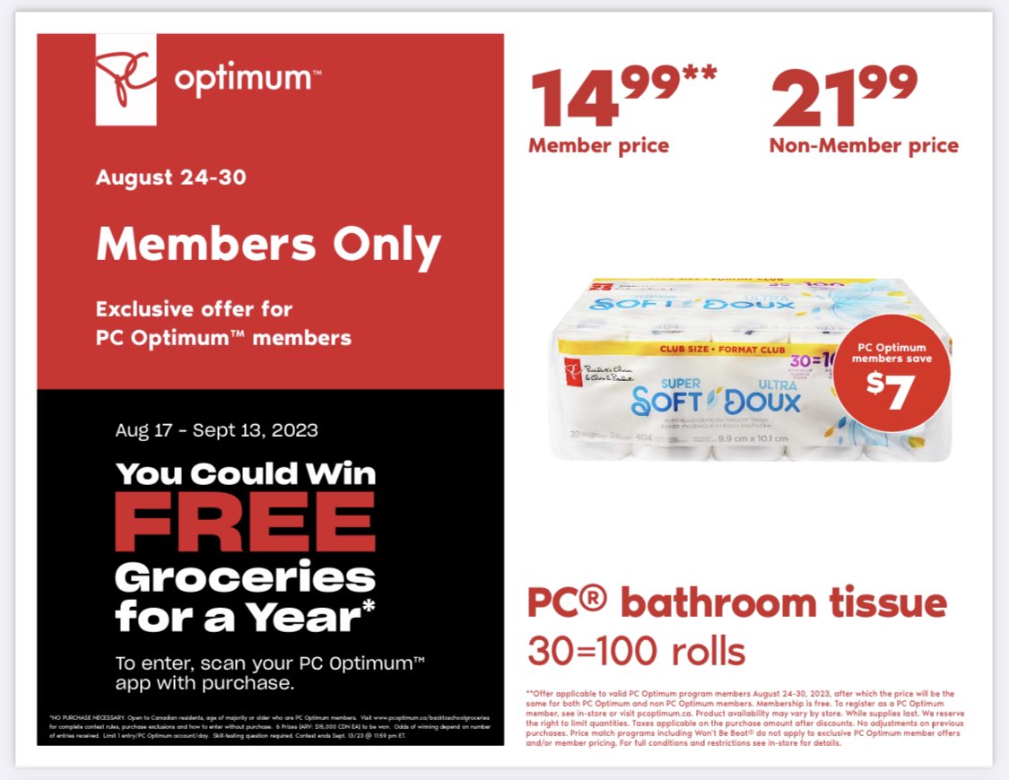 Members get President's Choice bathroom tissue 30=100 rolls for $14.99, non-members $21.99 
That’s a $7 savings 
#bathroomtissue #membersprice #presidentschoice