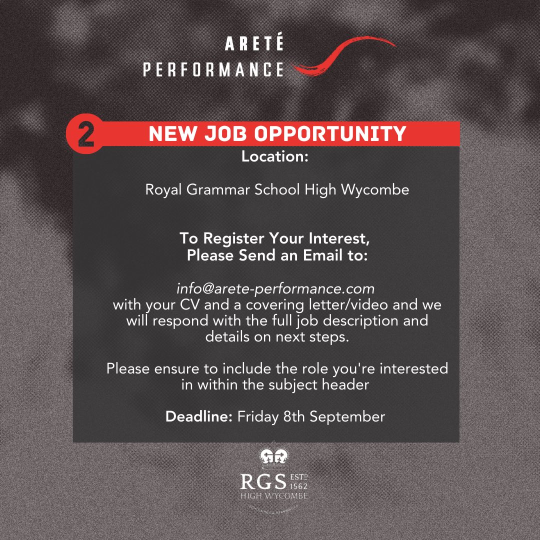 2/ Athletic Development Coach - RGS High Wycombe 
Deadline: 8th September