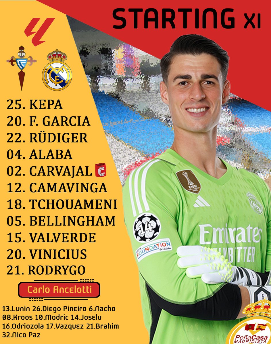 🚨🚨 LE XI DU REAL MADRID POUR LE MATCH DE CE SOIR : 

Kepa; 

Carvajal, Rüdiger, Alaba, Fran García; 

Tchouaméni, Camavinga, Valverde, Bellingham; 

Rodrygo et Vinicius.