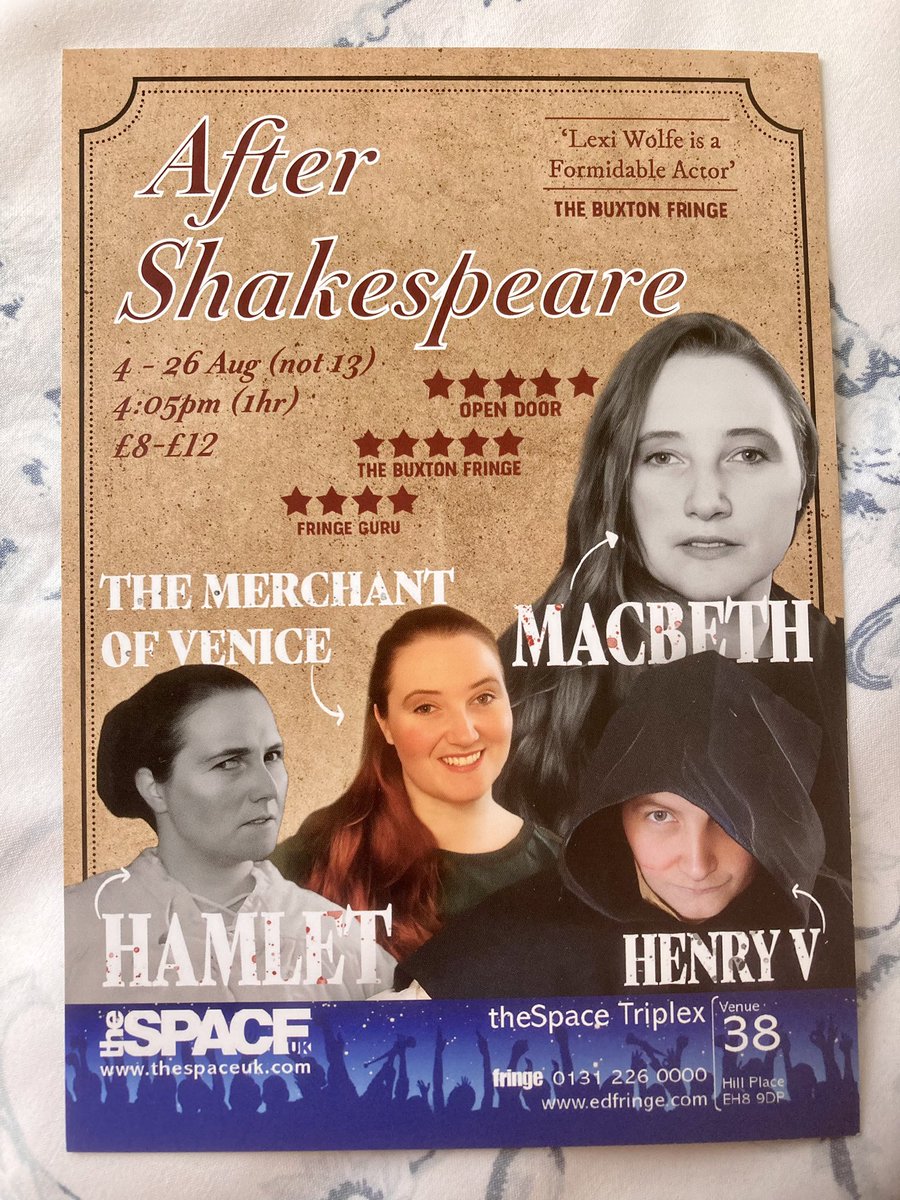 MycroftBrolly's tweet photo. #AfterShakespeare @theSpaceUK @edfringe. An outstanding piece of theatre, revealing additional insight into four Shakespearean characters. Excellent writing. And @LexiWolfe commanded the stage and had the audience in the palm of her hand throughout. Engaging and gripping. Bravo! https://t.co/gshBLVHG00
