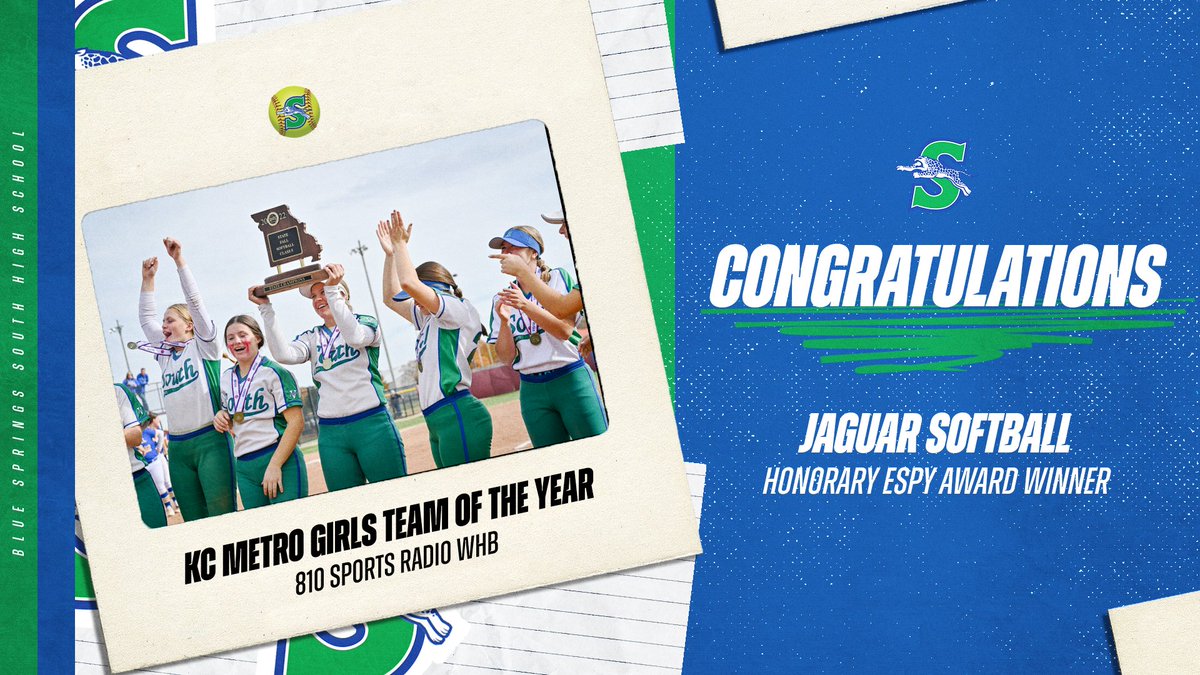 Congratulations to the 2022-23 Blue Springs South Jaguar softball team for winning the 810 Sports Radio Honorary ESPY award for KC Metro Girls Team of the Year.
<a href="/BSSJagsSoftball/">🥎 Jags Softball 🥎</a>