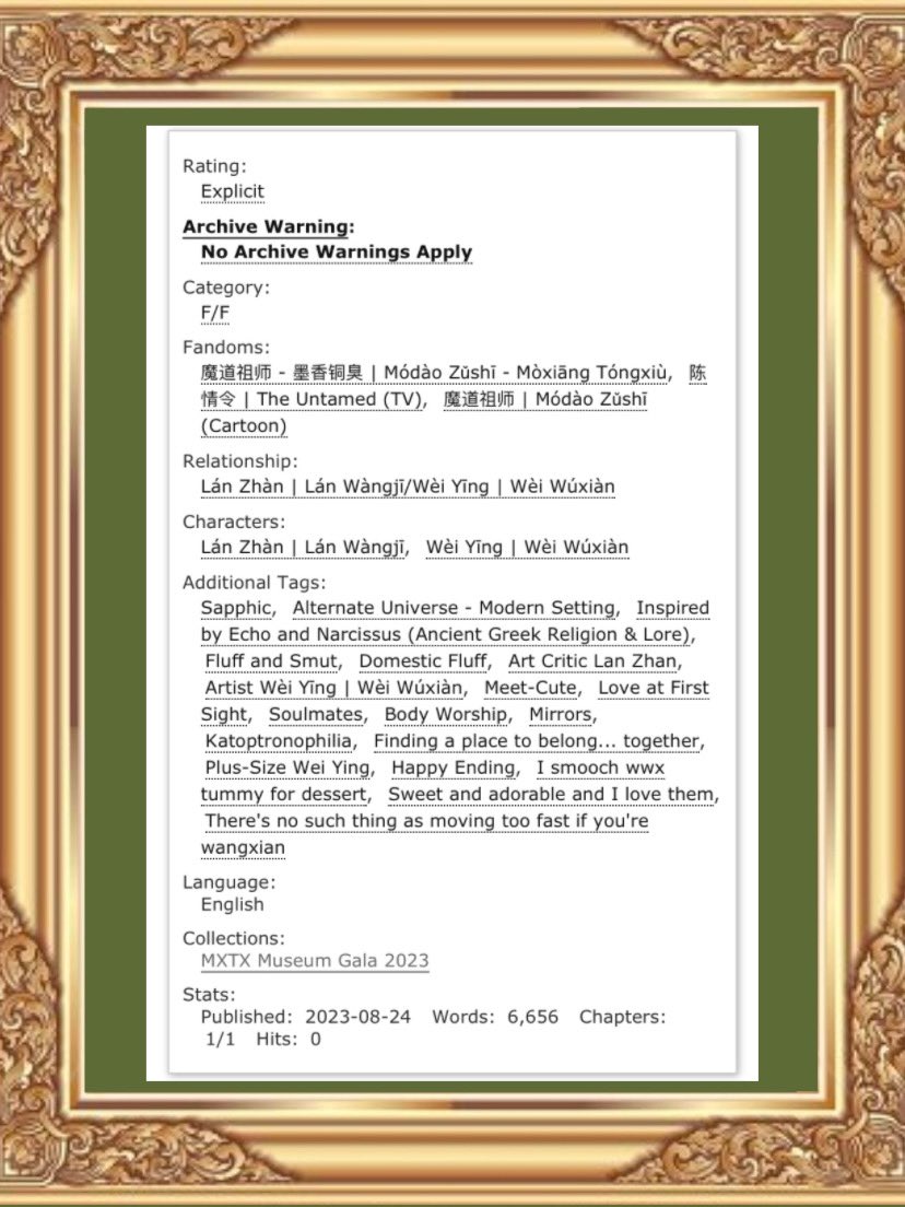 sonderstarlight's tweet photo. Ordinary Beauty 🤍
 -  6,656 Words 
 - Sapphic #wangxian <3
- Art Critic LWJ / Artist WWX 
 - Loosely inspired by the tale of Echo and Narcissus (with a happy ending) 🪞
 - Fluff, Smut, Modern Setting
 
Written for @MXTXMuseumGala #mxtxmuseumgala 🏛
https://t.co/cWRx6L8Sru https://t.co/hLoOl3hpEp