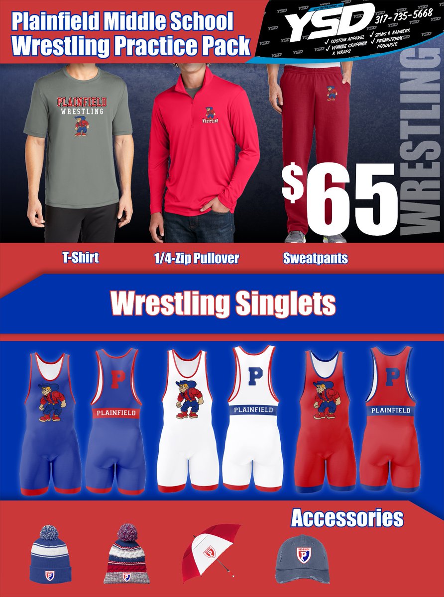 Practice Packs…1/4 zip, workout shirt, open end sweat pants packages

Blue- High School
Red- Middle School

Offering singlets (Red and Blue) and other items.  Store will open 9/1