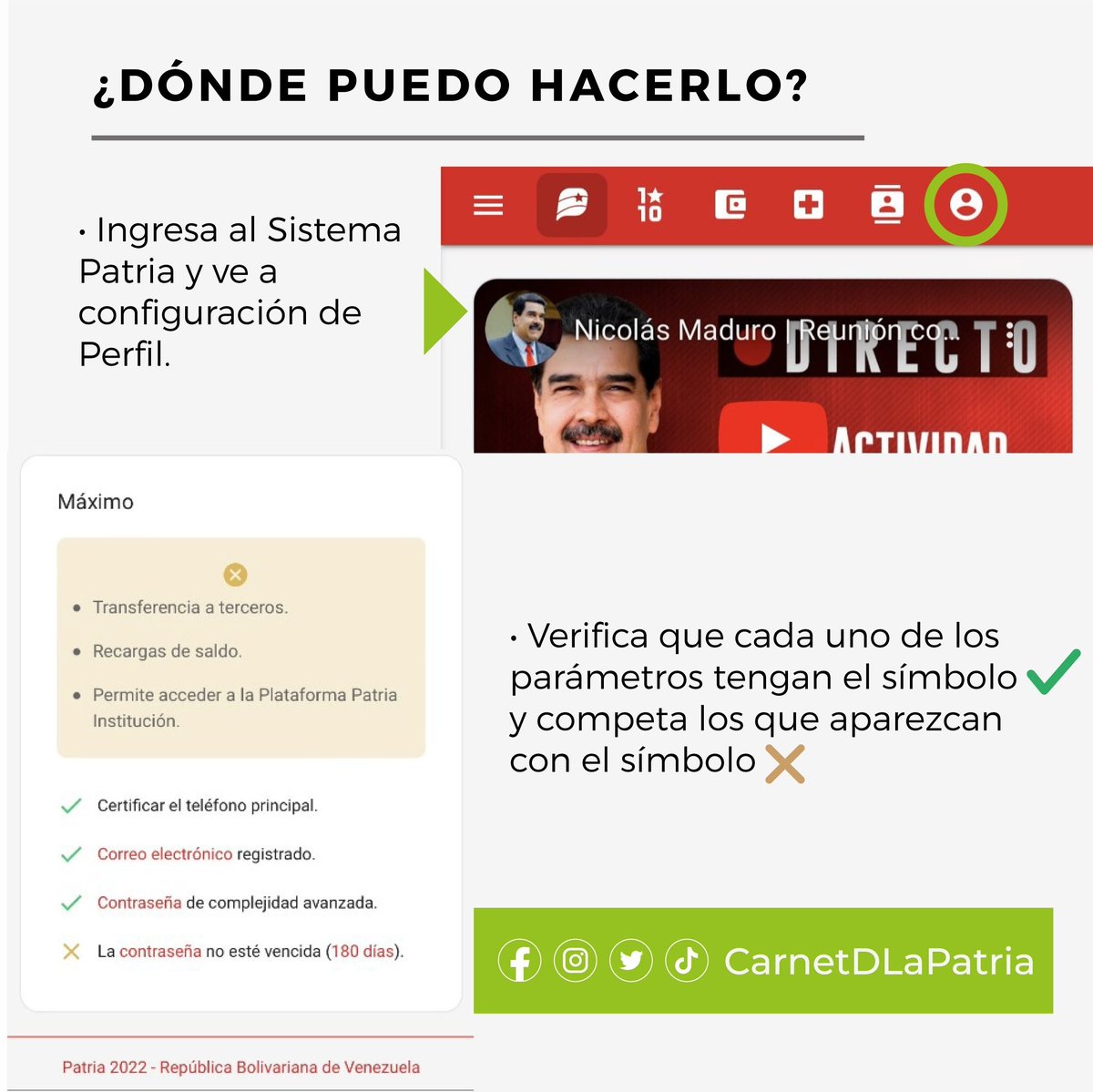 CarnetDLaPatria's tweet photo. #SabíasQue, es de suma importancia mantener al máximo el nivel de verificación de tu perfil de usuario en la #PlataformaPatria. 

Aquí te explicamos por qué.

#MundoMultipolarYPluricéntrico #25Ago https://t.co/ERW4Sp5CFI