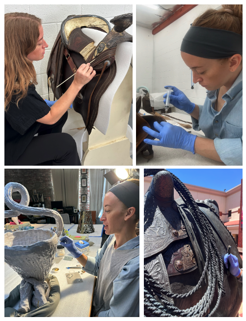 UCLAGettyCons's tweet photo. UCLA/Getty Conservation student Cheyenne Caraway is interning at the Autry Museum of the American West and Fine Arts Conservation this summer. Among her many projects, she consolidated and stabilized a Charro saddle, desalinated ceramic vessels, and cleaned outdoor sculpture. https://t.co/NzvMuNJhA1