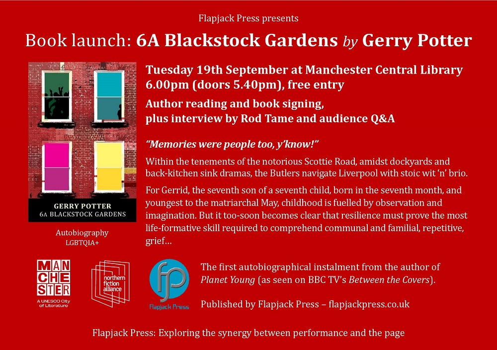 Join <a href="/GerryPoetry/">Gerry Potter Poetry</a> for the launch of his forthcoming autobiography 6A Blackstock Gardens.
Tues 19 Sept, 6pm at Manchester Central Library &amp; free entry.
With author reading, interview by <a href="/rodtame/">Rod Tame</a> plus audience Q&amp;A.
<a href="/MCRCityofLit/">Manchester City of Literature</a> <a href="/northfiction/">northernfictionalliance</a> <a href="/MancLibraries/">Manchester Libraries</a> <a href="/librarylivemcr/">Library Live</a> #LGBTQIA