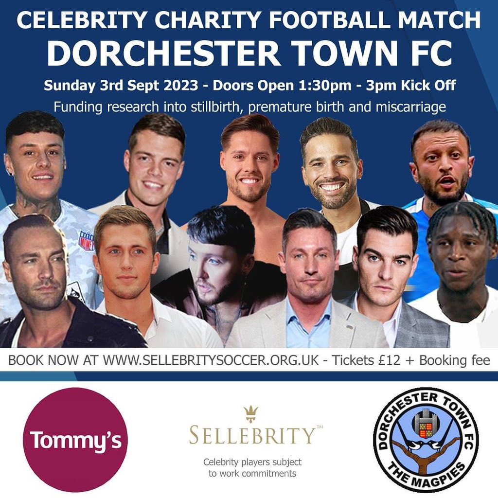 DorchTownFC's tweet photo. Next weekend The Avenue hosts a special @Sellebrity_UK charity match ⚽️

The game has been organised by @Portland_Owl and is raising funds for Tommy's Charity

Check out all the celebrities announced so far plus ticket info below!👇

🔗 https://t.co/iTtogOnMTg https://t.co/M2dVeEJfP7