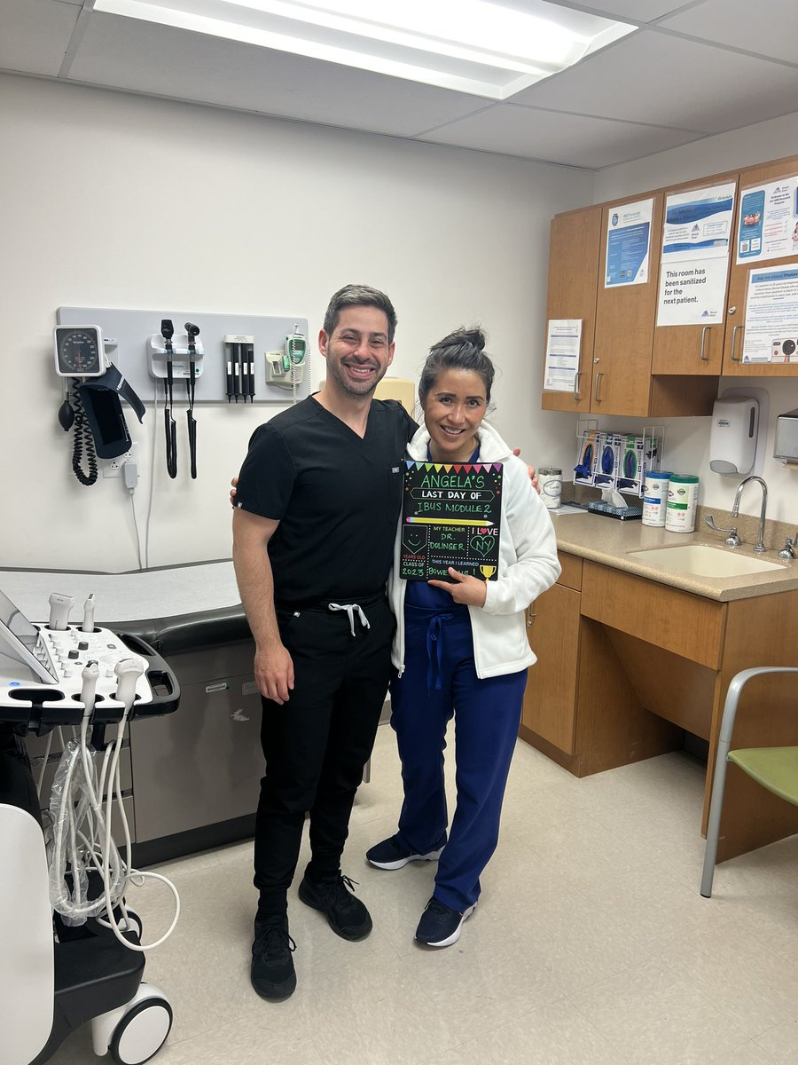 Today is the final day of <a href="/BowelUltrasound/">InternationalBowelUS</a> module 2 IUS training for Angela Pham, who did her 💯th 👀👀 ultrasound today and will be bringing this to the IBD patients <a href="/UFHepGastro/">UF Gastroenterology & Hepatology</a>. She made these epic signs for the pediatrician in me to mark the start and end of her training 🥹