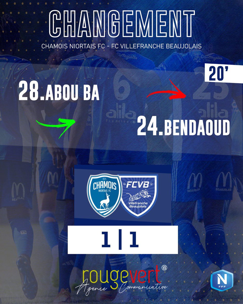 FCVB_officiel's tweet image. ⌚️ 20’ |  #CNFCFCVB [1-1]

🔁 Touché, Abou Malal Ba doit céder sa place 😣

Il est remplacé poste pour poste par Bendaoud 👊🏼

#TeamFCVB #VillefrancheBeaujolais