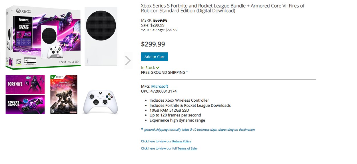  Xbox Series S Fortnite and Rocket League Bundle - Includes Xbox  Wireless Controller - Includes Fortnite & Rocket League Downloads - 10GB  RAM 512GB SSD - Up to 120 frames per