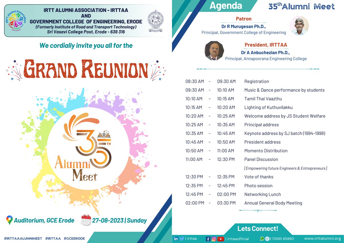irttaa's tweet photo. #irttaaalumnimeet #irttaa #gceerode #irttalumni

IRTTAA &amp; GCE Erode
Cordially Welcomes You all for

 35ᵗʰ Alumni Meet - 2023

🗓 : 27ᵗʰ August, 2023 (Sunday)

🕘 : 09 :00 AM  onwards

📍: GCE Auditorium, Erode https://t.co/NufcLY0s3P