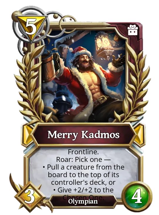 Christmas is coming early this year! In partnership with @LootRushGames I’m giving away one Merry Kadmos to a lucky winner!

To be eligible, you need to:

- Like and retweet
- Follow @budgethands and @LootRushGames
- Tag two friends who play <a href="/GodsUnchained/">Gods Unchained</a> 

Winner chosen on 9/1!