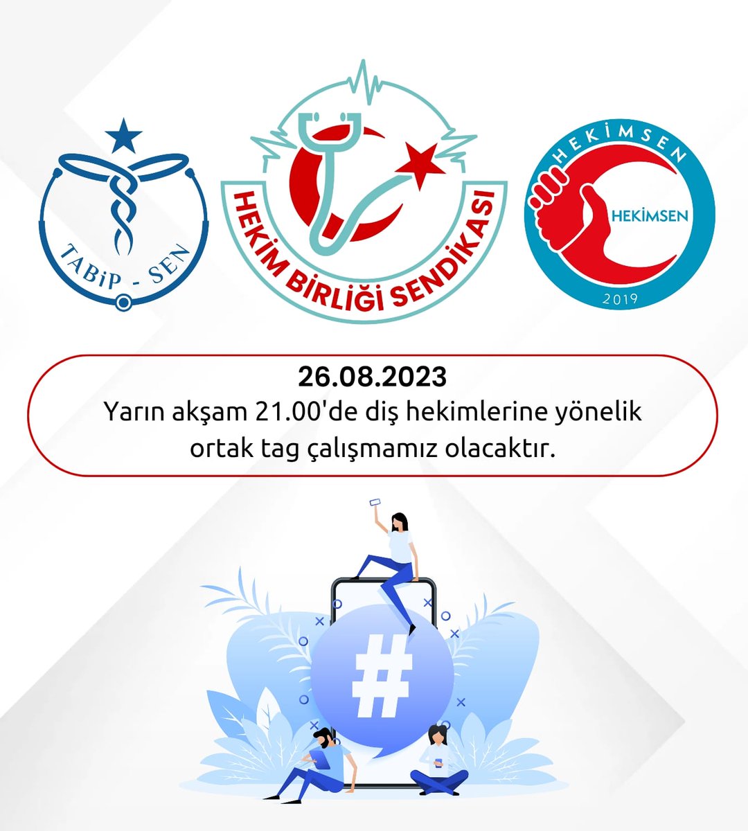 3 hekim sendikası olarak, diş hekimlerinin can yakan 10 dakikada bir verilen MHRS randevu sorunlarına yönelik olarak  sosyal medyada ortak hashtag çalışması yapılacaktır. 

Hekimler olarak artık; sen, ben yok, biz varız.Tüm hekimleri  hekim sendikalarına üye olarak, hekimlik
