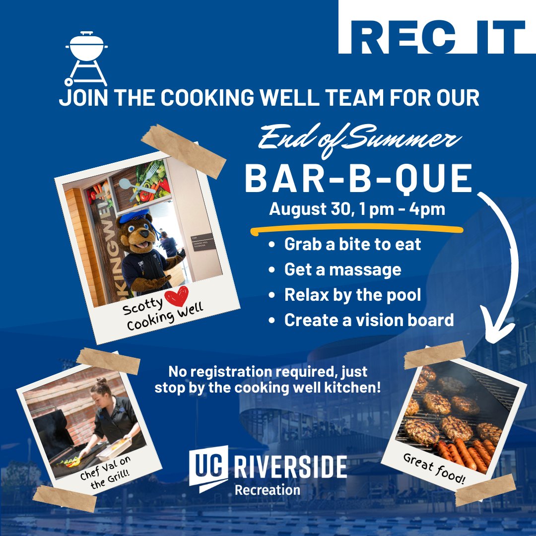 Learning to cook has never been so much fun! Join Chef Val for cooking classes in a friendly environment. Let's whip up something delicious together! Join us for our end-of-summer BBQ! Let's make sure to savor the last few days of summer sun 🍔 #ucrsrc #ucr #ucriverside #recit