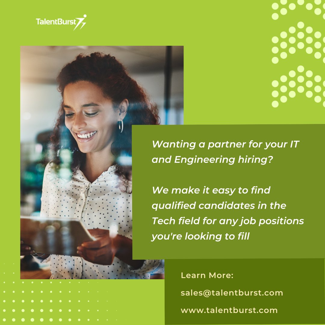 TalentburstInc's tweet image. 🔍 Seeking a Tech Talent Partner? Look no further! 🌟

We simplify your IT and Engineering hiring journey. Find your perfect match effortlessly! 💻🤝

#TechTalent #HiringSolutions #BoostYourTeam #ITStaffing #EngineeringStaffing #EOR #AOR #StaffingAndRecruiting #JumpAhead