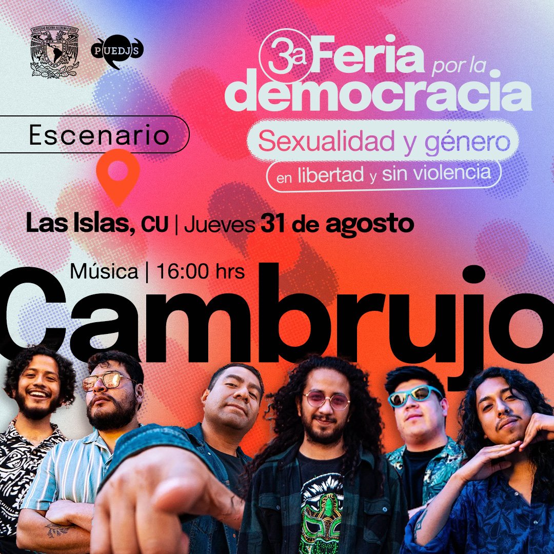 PUEDJSUNAM's tweet photo. Prepárate para bailar, cantar y contagiarte de la energía que nos une como comunidad universitaria al ritmo de @Cambrujo1 💃

¿Jalas? Ven a la tercera #FeriaPorLaDemocracia y únete a esta gran experiencia musical por la igualdad y la diversidad🌈✊️(1/2) https://t.co/0wiKye3dQU