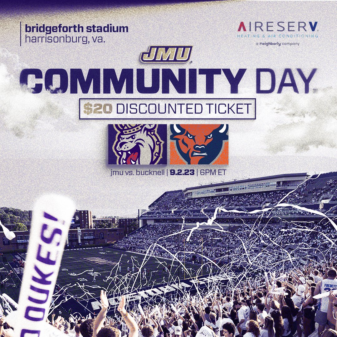 We invite all our local community members to join us on Saturday, Sept. 2 for Community Day at Bridgeforth Stadium for @JMUFootball's season opener! Purchase a discounted $20 ticket today! 🎟️ | bit.ly/3slERXQ #GoDukes