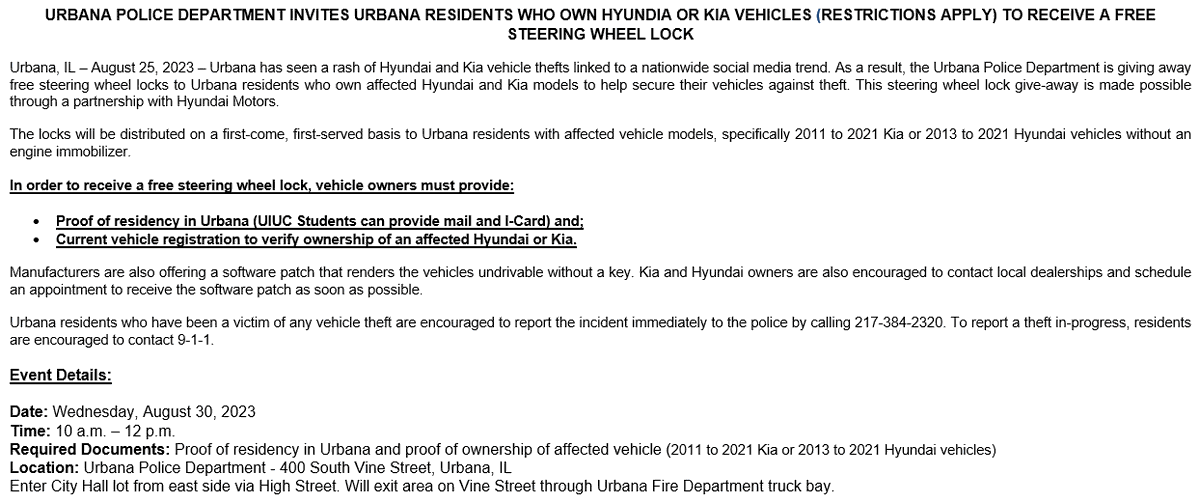 UrbanaPD's tweet photo. Kia and Hyundai owners can get a free steering wheel lock at UPD.  See below for details. https://t.co/7yY6lCCQF8