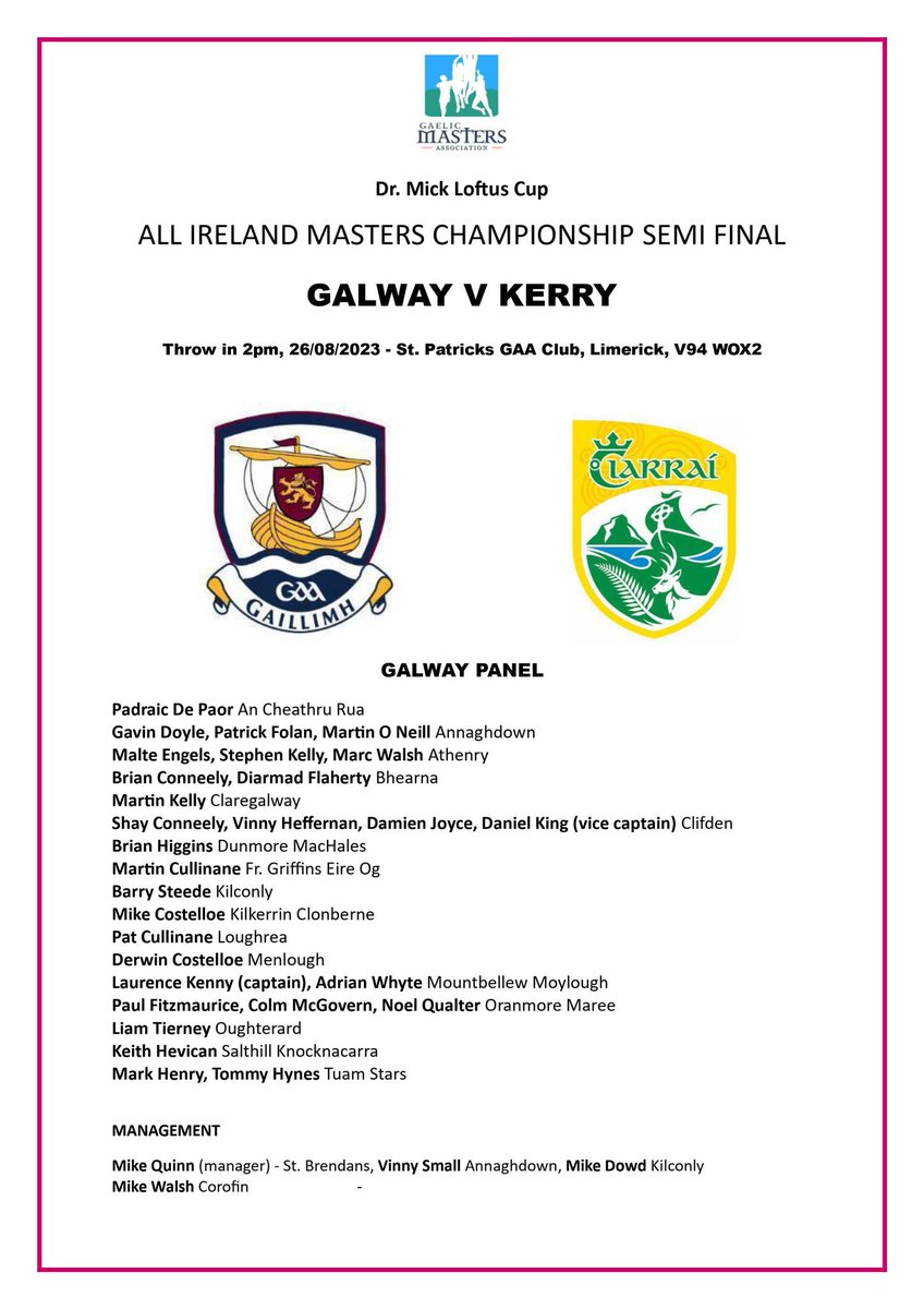MastersGalway's tweet photo. Galway Panel for tomorrow with 19 clubs represented between players and management. Best of luck 🏐 https://t.co/PhVz3cg6Gz