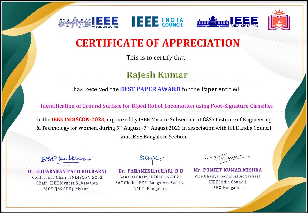 RamanlabM's tweet photo. Greetings from Raman Lab,

It is with immense pleasure and pride that we extend our heartfelt congratulations to Bharat Singh and 𝐑𝐚𝐣𝐞𝐬𝐡 𝐊𝐮𝐦𝐚r for their exceptional achievement in winning the coveted Best Paper Award at the IEEE INDISCON-2023, organized by IEEE Mysore. https://t.co/POemO59y6p