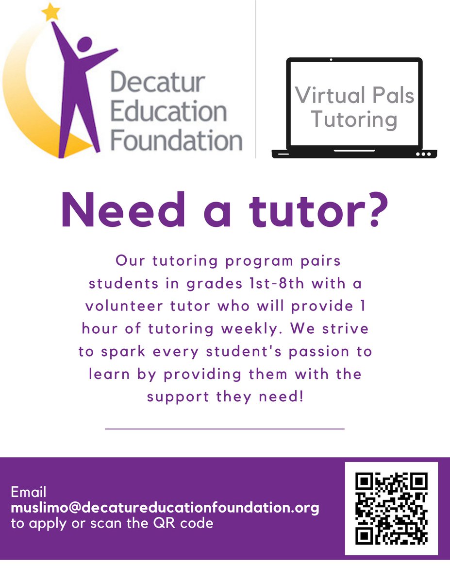DecaturEdFound's tweet photo. Decatur Education Foundation’s Virtual Pals Tutoring is back! 💻🎉 Our program pairs students in Grades 1-8 with volunteers for weekly academic support. Check out the info below to sign up for #tutoring or to #volunteer. Virtual Pals needs YOU!

#WeAreBetterTogether #AllInDecatur https://t.co/ZCEOfWppCe
