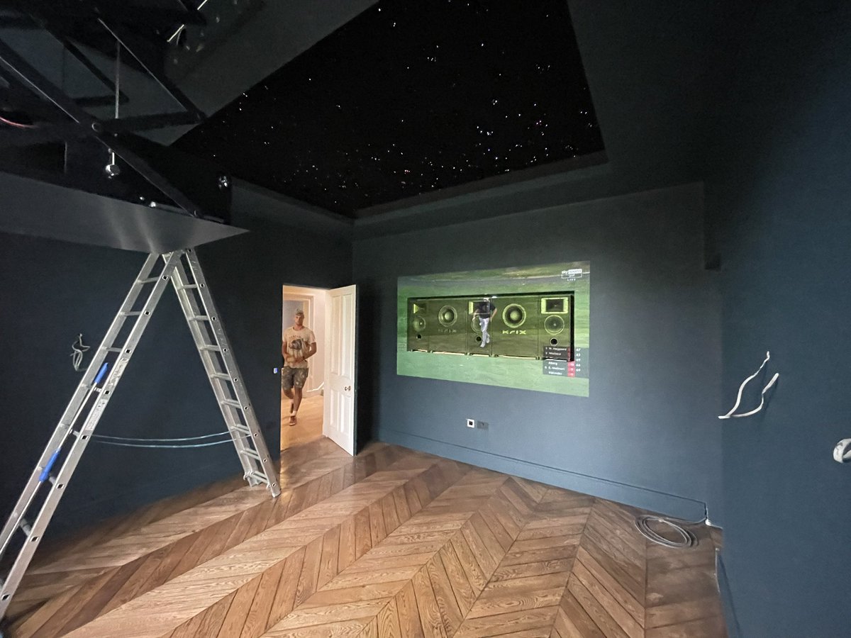 Cinema Room completed today, for private client,  just final lighting, slushy machine &amp; new screen to go in  with Farrow &amp; Ball Hague Blue Dead Flat Finish led starlight sky and new herringbone oiled flooring #specialistdecorators #interiordesign #design #stylish #cuttingedge