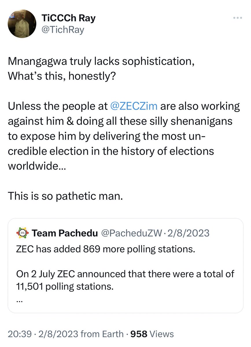 TichRay's tweet photo. Been going on & on about failED one’s lack of sophistication.
Man totally lacks the smoothness & innovativeness it would take to steal an election without being too obvious.
I won’t even get started on lack of suaveness to convince even his people to stand by him
#BhoraMusango https://t.co/W90StRFX17