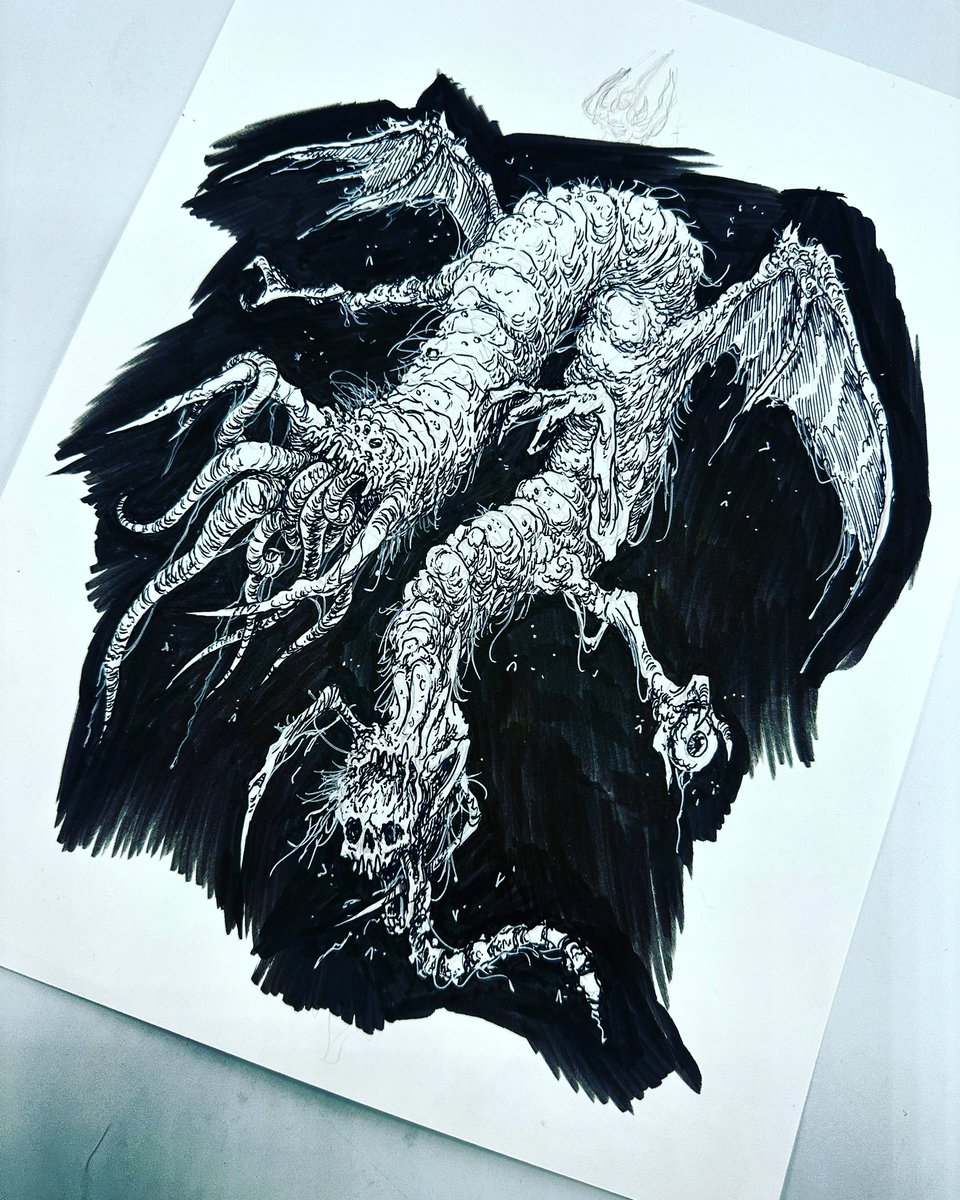 more pen work trying to get back at it. this is uhh hair winged noodle er somethin. hp lovecraft whatevers #pendrawing #entombed #swedishdeathmetal #deathmetal #illustration #gruesomegraphx