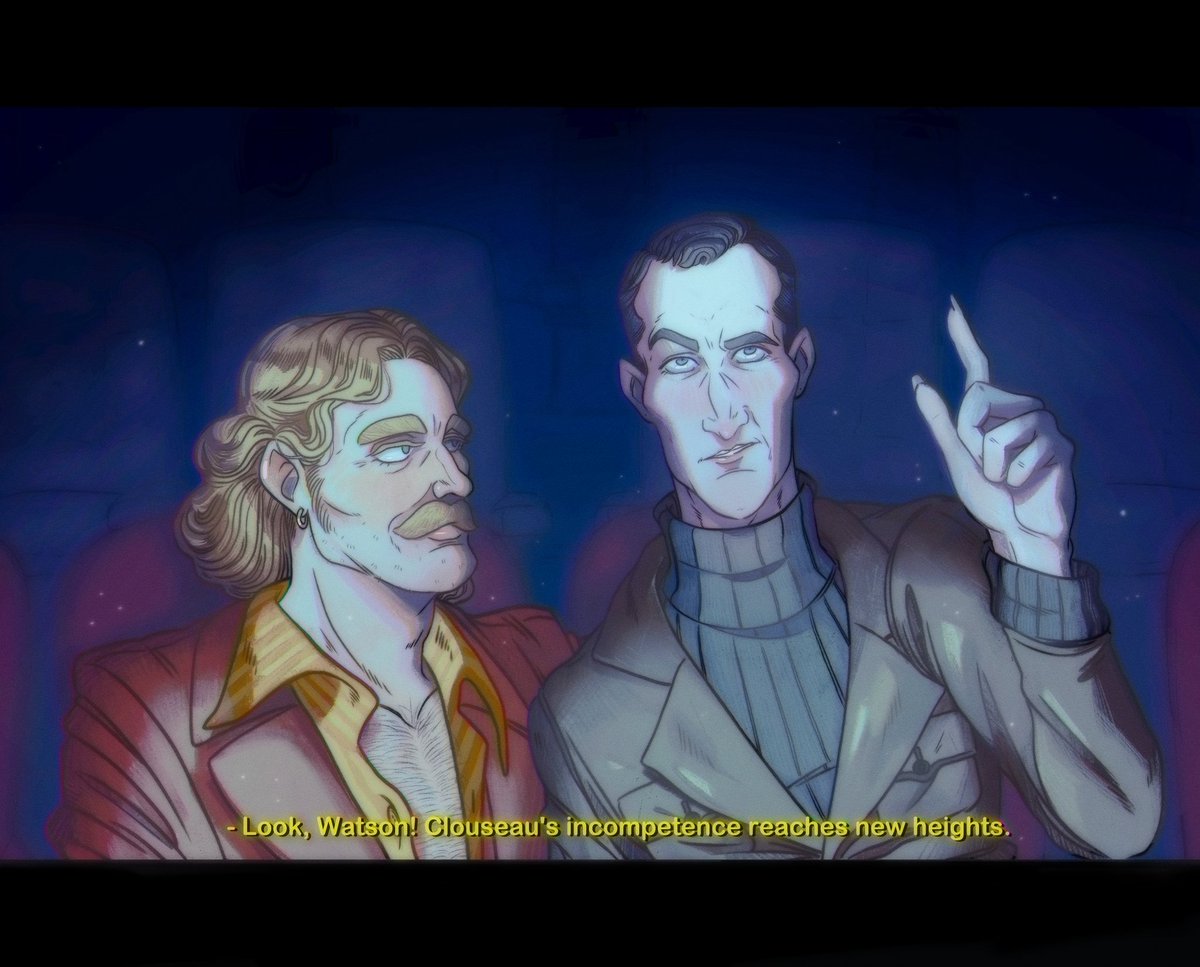 _TheAntiChris's tweet photo. "Movie Night" (2023)

Watson takes a depressed Holmes out to a movie theater. Unfortunately for the other patrons Holmes can't stop critiquing Clouseau's antics in "The Pink Panther Strikes Again' (1976). 

Big thanks to @gooolabatooo for the coloring! ✨ https://t.co/RQ4I5LuL5r