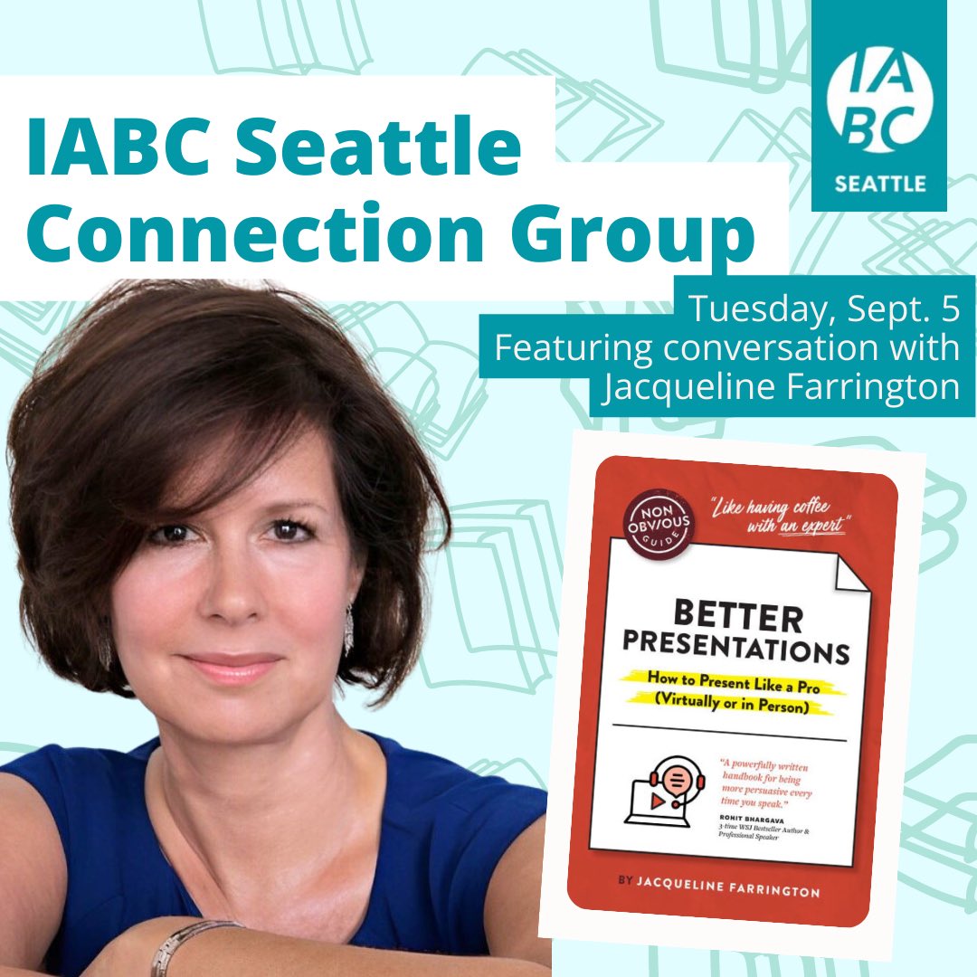We invite our IABC Seattle community to join us in person for an exclusive Connection Group event on Sept. 5 (5-6 p.m.) at Bellevue City Hall, featuring comms pro &amp; author, Jacqueline Farrington.
RSVP here: lnkd.in/gTUQwQJ7. (Parking details found in Google Form.)