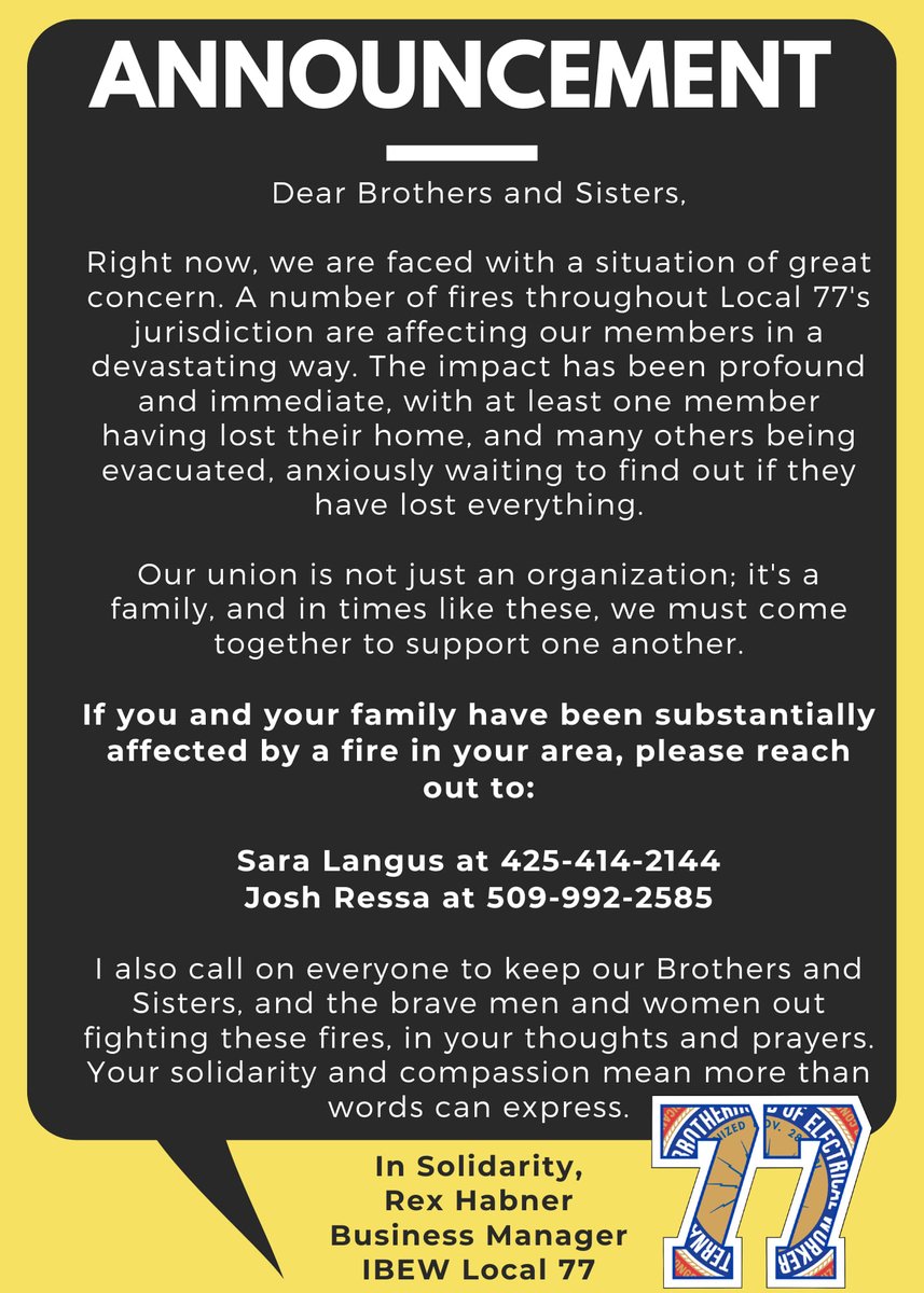 🔥 Our hearts go out to all affected by the fires in our region. IBEW Local 77 stands strong with our members and our community during these challenging times. Stay safe, everyone. 💪🌲 #IBEWLocal77 #CommunityStrong #SafetyFirst