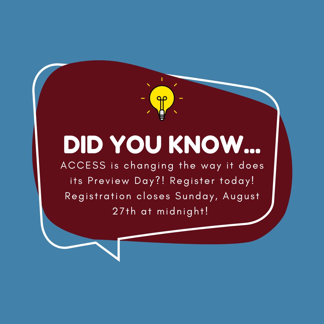 Happy #FunFactFriday!! 

Did you know that ACCESS is changing the way they do Preview Day?! If you want to find out how...join us! 

Registration: forms.office.com/r/0pym578QGa
Fee: ecommerce.msstate.edu/access/preview…