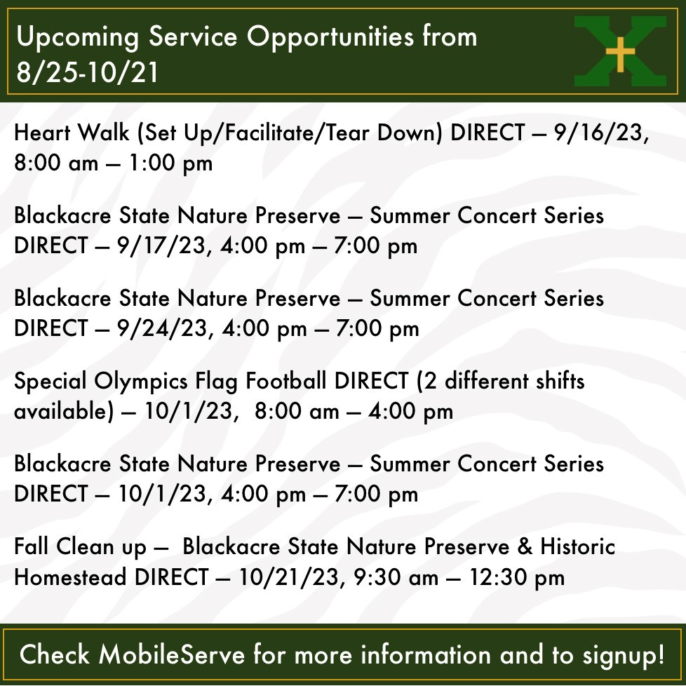 Lot's of service opportunities over the next few weeks and freshmen are now on board and ready to go! Remember to log your hours on MobileServe. Service program details can be found at saintx.com/service. #WeAreStX #WeAreXaverian #MenForOthers