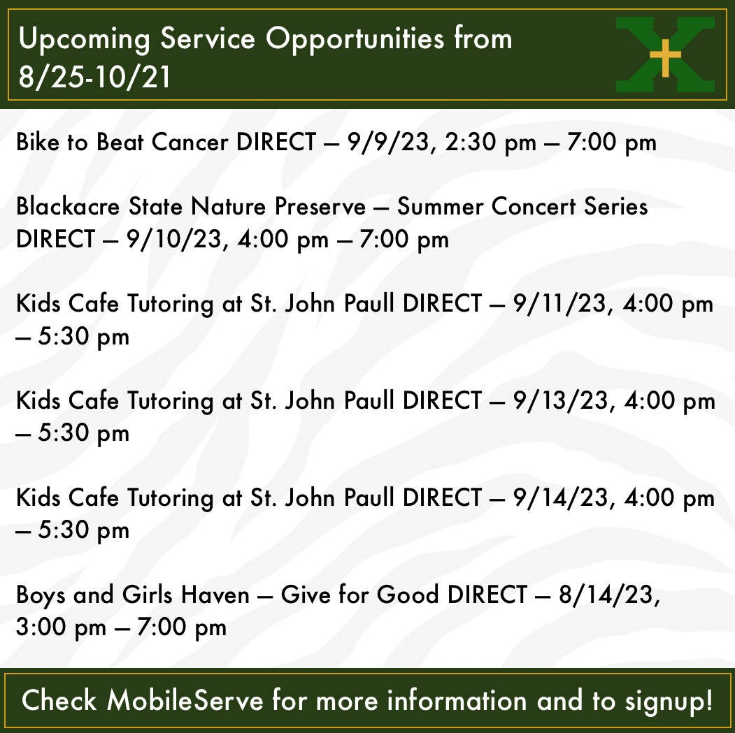 STXMinistry's tweet photo. Lot's of service opportunities over the next few weeks and freshmen are now on board and ready to go! Remember to log your hours on MobileServe. Service program details can be found at https://t.co/oZLG1XYLzH. #WeAreStX #WeAreXaverian #MenForOthers https://t.co/ldI1vTzazI