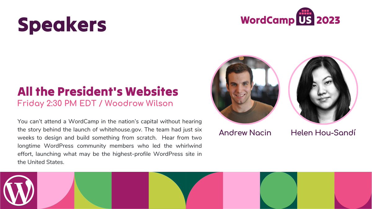 WordCampUS's tweet photo. In ten minutes, @nacin and @helenhousandi present "All the President’s Websites" in Woodrow Wilson at @WordCampUS 

https://t.co/sHCm44nd9a

#WCUS https://t.co/vMHz53SS4G