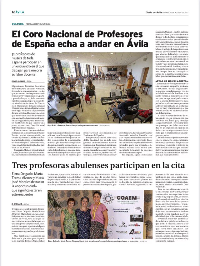 Algo muy serio se está fraguando en @Ávila mediante <a href="/coaemcoaem/">coaem</a> y todas sus asociaciones de docentes de música. <a href="/AmiciMusicae/">Coro Amici Musicae</a> <a href="/coroencuentropa/">Coro Polifónico Encuentro de Panamá</a> <a href="/OCRTVE/">Orquesta y Coro RTVE</a> <a href="/CorosGranada/">Federación de Coros de Granada</a> <a href="/CoroMalvaloca/">Coro Malvaloca</a> <a href="/CoroSalda/">Coro Saldaña</a> <a href="/corosinankay/">Coro Sinan Kay</a> <a href="/CoroSanMarcos/">Coro San Marcos</a>