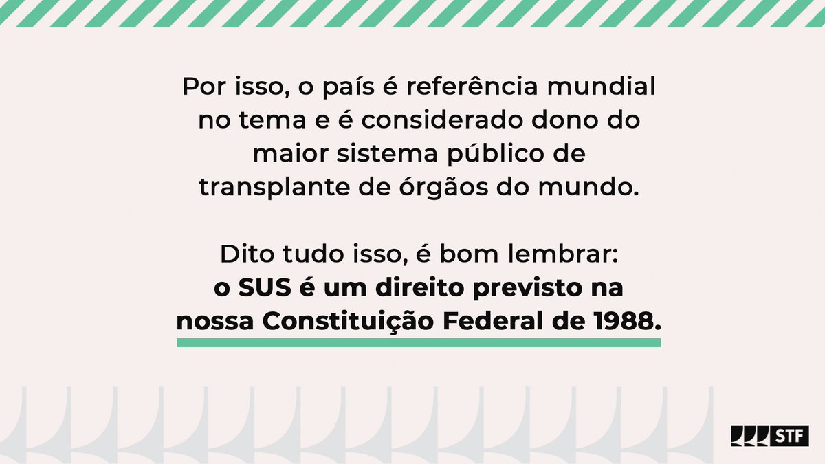 STF_oficial's tweet photo. Segundo a nossa Constituição Federal de 1988, "A saúde é direito de todos e dever do Estado". O SUS oferece muitos serviços, inclusive transplantes de órgãos e procedimentos de alta complexidade. https://t.co/tGB3qWfIYH