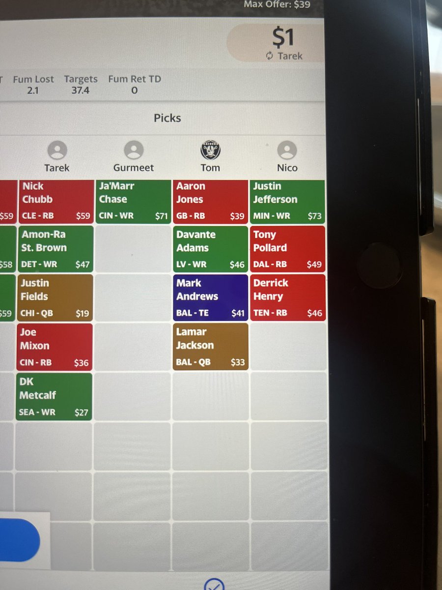 SnakeDraftViper's tweet photo. Tom's strategy slipped when he exclusively bid on desired players, allowing me to drive up the cost of his Ravens stack. Love the poker aspect of auction drafts. 😜🏈
#FantasyFootball #AuctionDraft https://t.co/11a1nGn1Ki