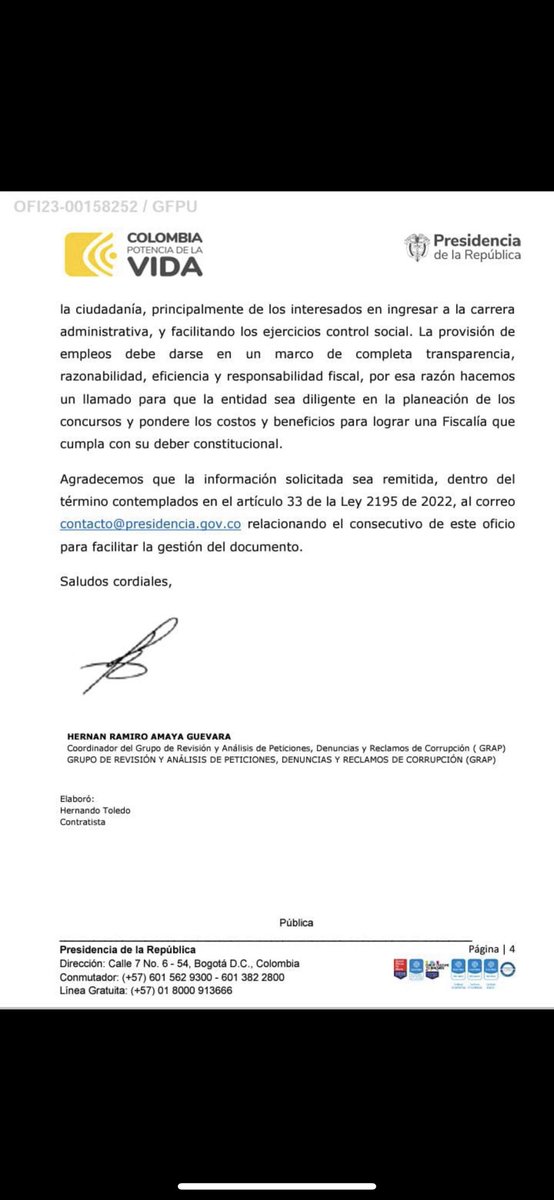 GabrielGEscobar's tweet photo. ATENCIÓN 🚨! Se empieza a escuchar el clamor ciudadano por parte de @petrogustavo ante los presuntos abusos de Francisco Barbosa, quien pretende adjudicar un contrato billionario por más de CIENTO TRES MIL MILLONES DE PESOS (25 millones de dólares) con el propósito de realizar un concurso de méritos en el cual se provean los cargos de carrera de esa entidad, cuando hay una lista de elegibles Vigente hasta 2025. 

La Secretaría de Transparencia de la Presidencia de la República presenta solicitud formal a la Fiscalía tendiente a esclarecer las razones por las cuales va a adelantar un concurso de méritos billonario si existe una lista de elegibles vigentes con miles de personas esperando su nombramiento. 

Esperamos la respuesta a esta solicitud para dárselas a conocer. 

Los colombianos exigimos #MeritoEnLaFiscalia