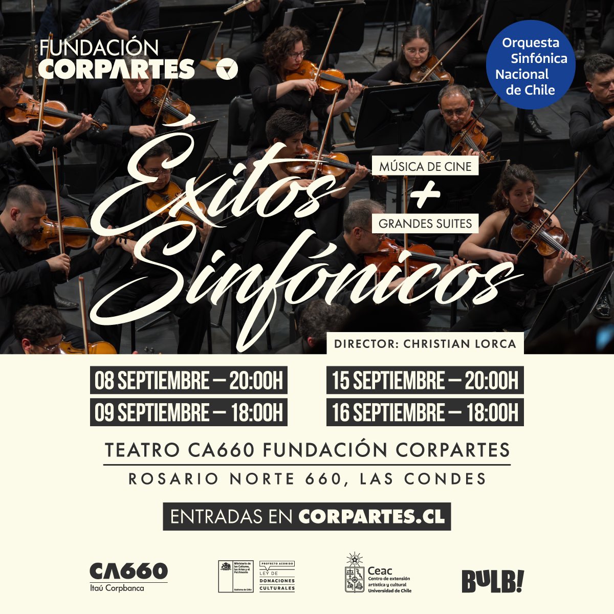 CorpArtes's tweet photo. ¡No lo olvides!😍
Durante septiembre, dos conciertos llenarán nuestro Teatro #CA660 junto a @lasinfonica.

Compra tus entradas:

🎼Concierto Música de Cine: https://t.co/cvH3srrMVR
🎼Concierto Grandes Suites: https://t.co/zDTsdjYAtf

#Concierto 
#Santiago #Chile
@CEAC_UChile https://t.co/TWGu8Rmoh6