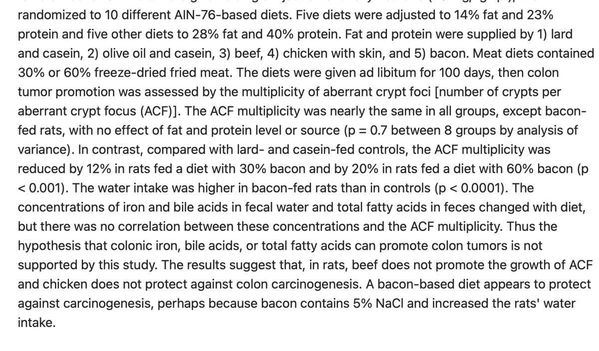 In one of my all-time favorite studies, the more bacon they fed rats, the less colon cancer they got.  

A 60% bacon diet offered the most protection against induced colon cancer.  

Bonus: beef did not increase colon cancer while chicken did. Whoops.