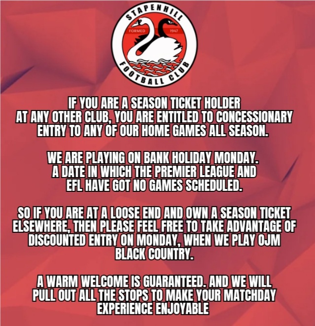 An offer for our next home match against OJM Black Country on Bank Holiday Monday (3pm). This offer is also valid at ALL of our home matches.

#bafc #burtonalbion #dcfc #dcfcfans #avfc #avfcofficial #wolves #bcfc #wba #nffc #pvfc #cafc #crewe #ncfc