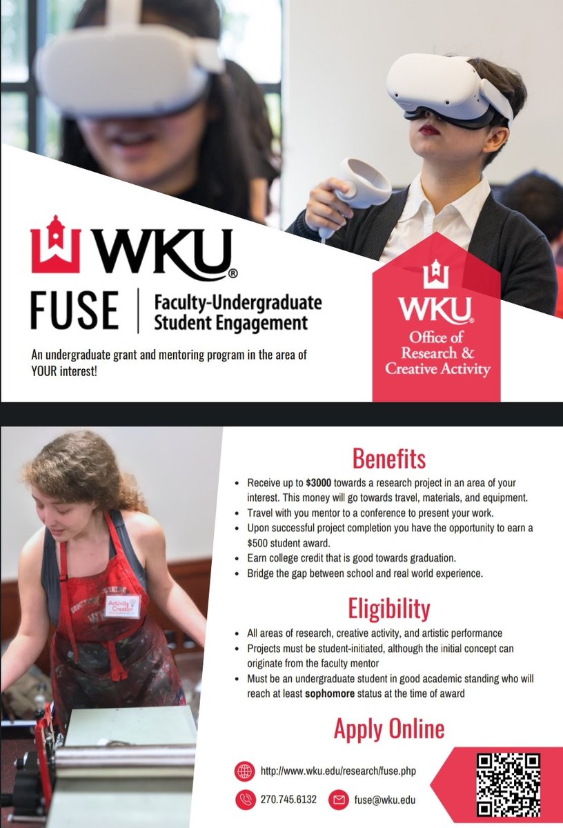 The Deadline is approaching for the Spring 2024 Faculty-Undergraduate Student Engagement (FUSE) Grant applications!!!

To learn more, visit wku.edu/research/fuse.… 
Email fuse@wku.edu if you have any questions. 

#WKU  #wkuresearch #togetherweclimb #peopleofwku