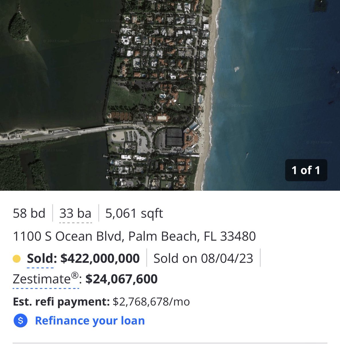 So Trump secretly sold Mar-a-Lago to Junior for $422 million when Zillow has it valued at $24 million. Nothing to see here right, gee I wonder where Junior got the money. Anybody at DOJ seeing this. Jesus Christ