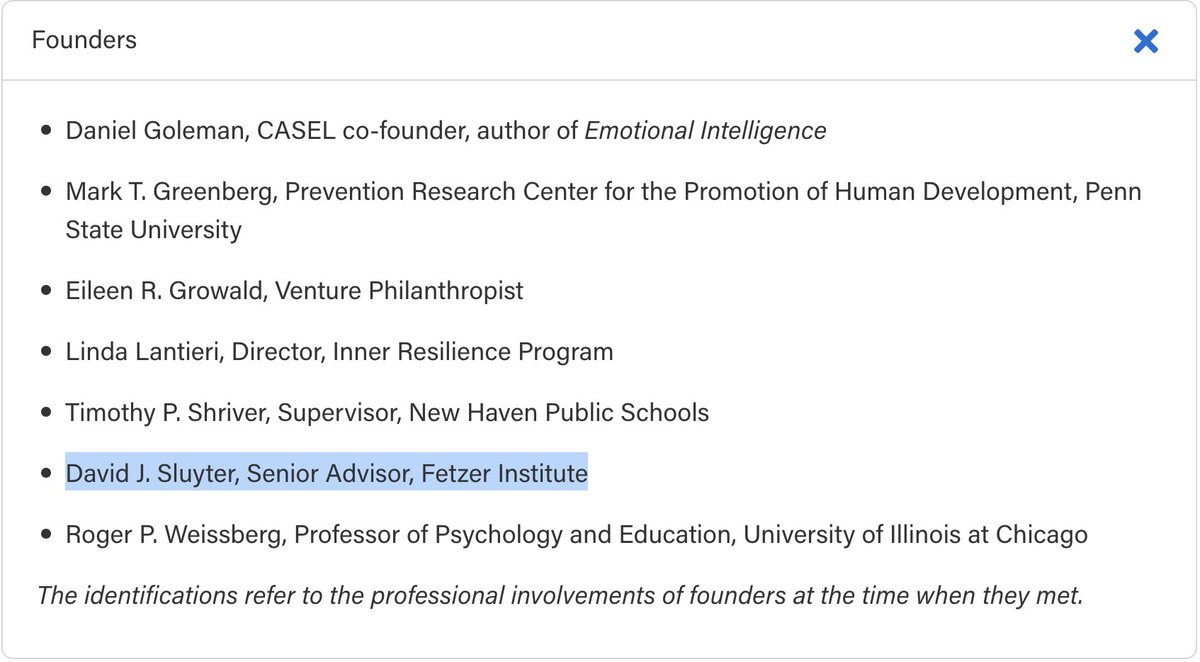 PART I:
SEL came from @caselorg (Collaborative for Academic, Social, and Emotional Learning). One of its founders is David Sluyter, who worked for @FetzerInstitute as a program officer, vp, president & CEO, & senior advisor. 
3/