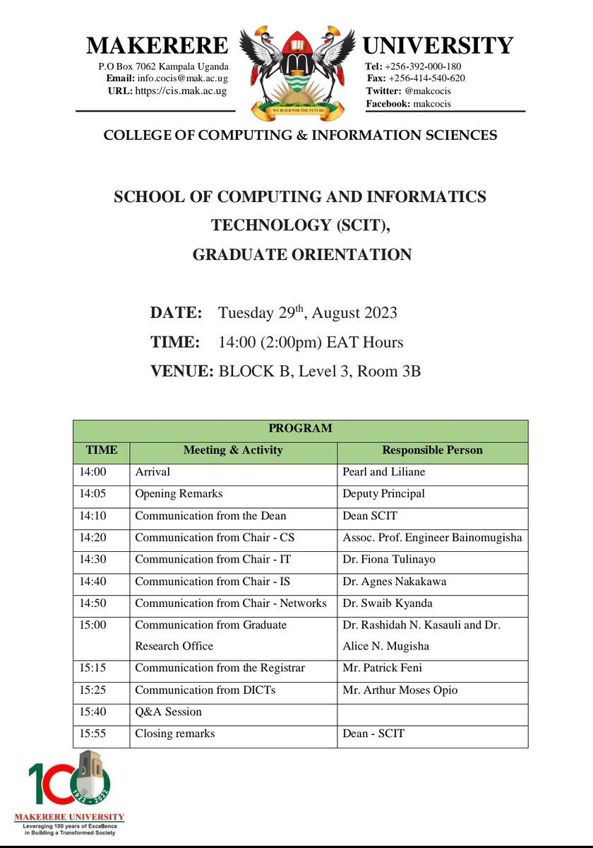 The orientation program of  #SCIT_Graduate_Student is out. <a href="/MakCoCIS/">Makerere University CoCIS</a> <a href="/MakerereAR/">Academic Registrar's Office -Makerere University</a> <a href="/DICTSMakerere/">Directorate For ICT Support - Makerere University</a> @MakDRGT <a href="/MakerereNews/">Makerere University News</a>